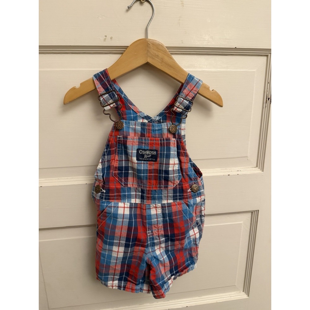 Oshkosh B'Gosh Baby Vestbak Plaid Red Blue White Short Bib‎ Overalls 9M
